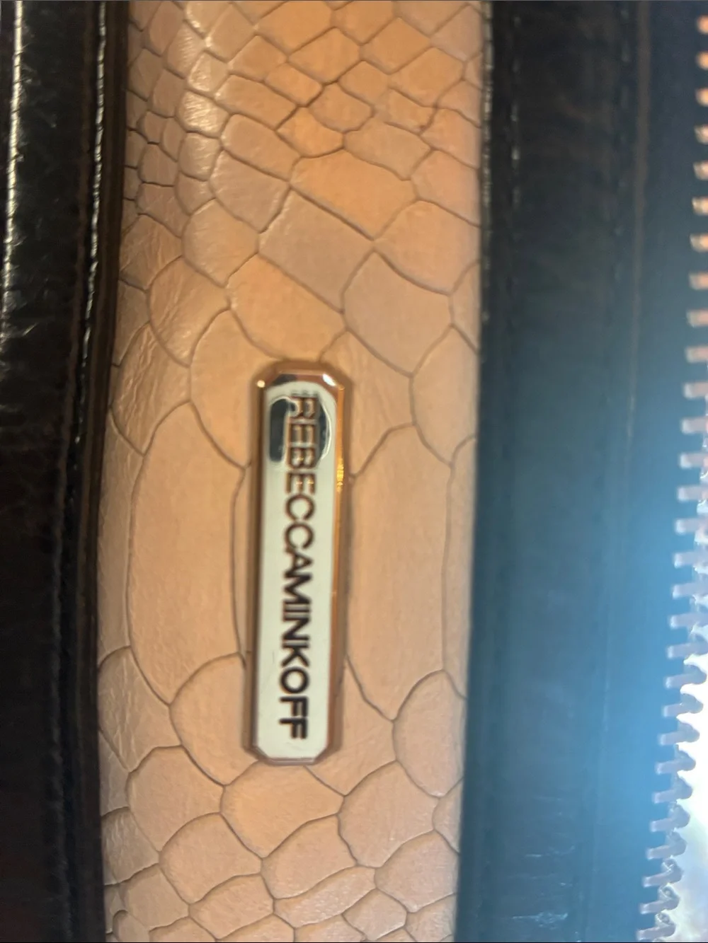 Rebecca Minkoff Cream and Black Faux Snakeskin Satchel with Gold Plaque